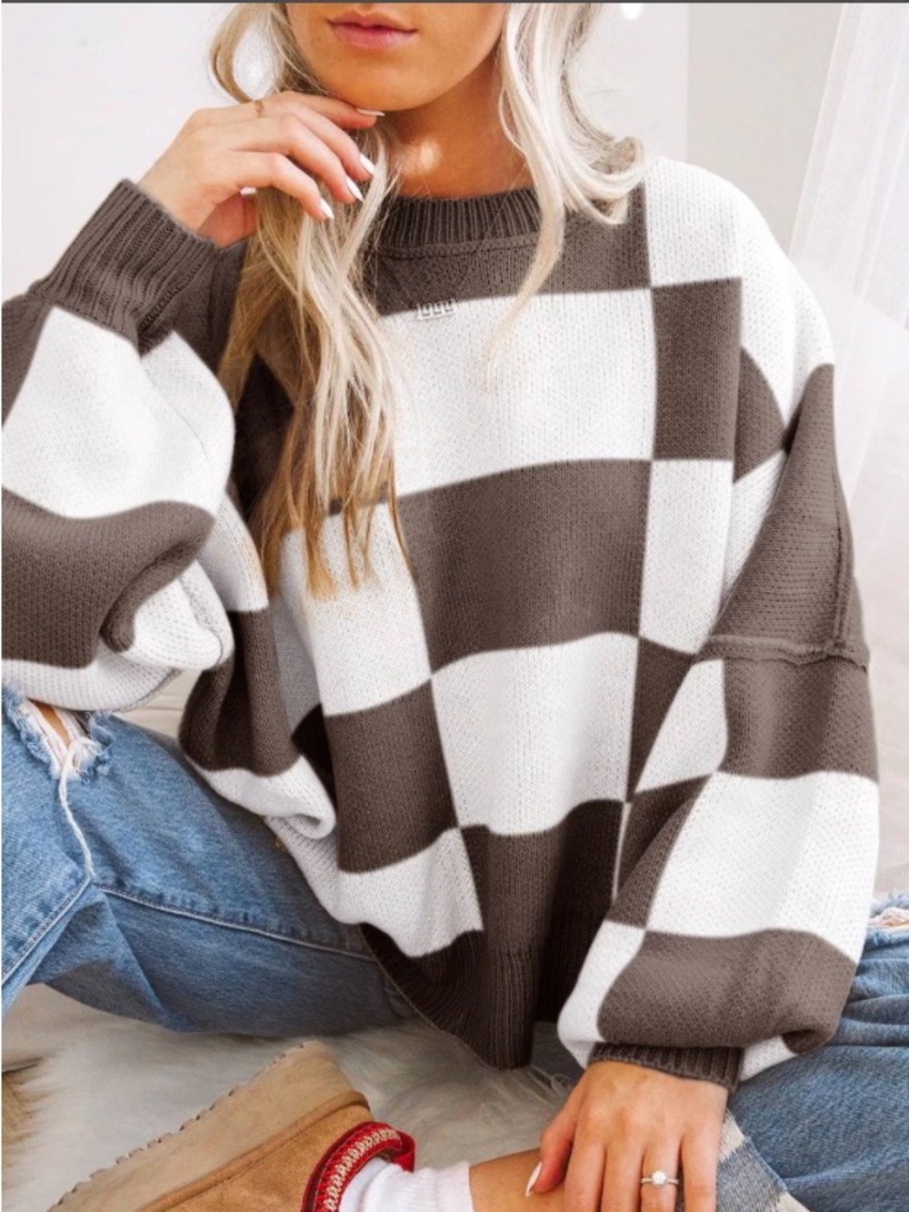 SHEIN Brown & White Checkerboard Crewneck Sweater